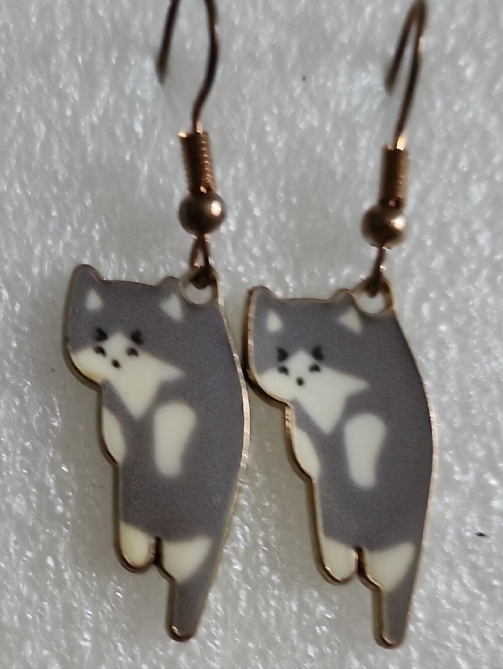 Hand Crafted Gray and Cream Cat Dangle Earrings